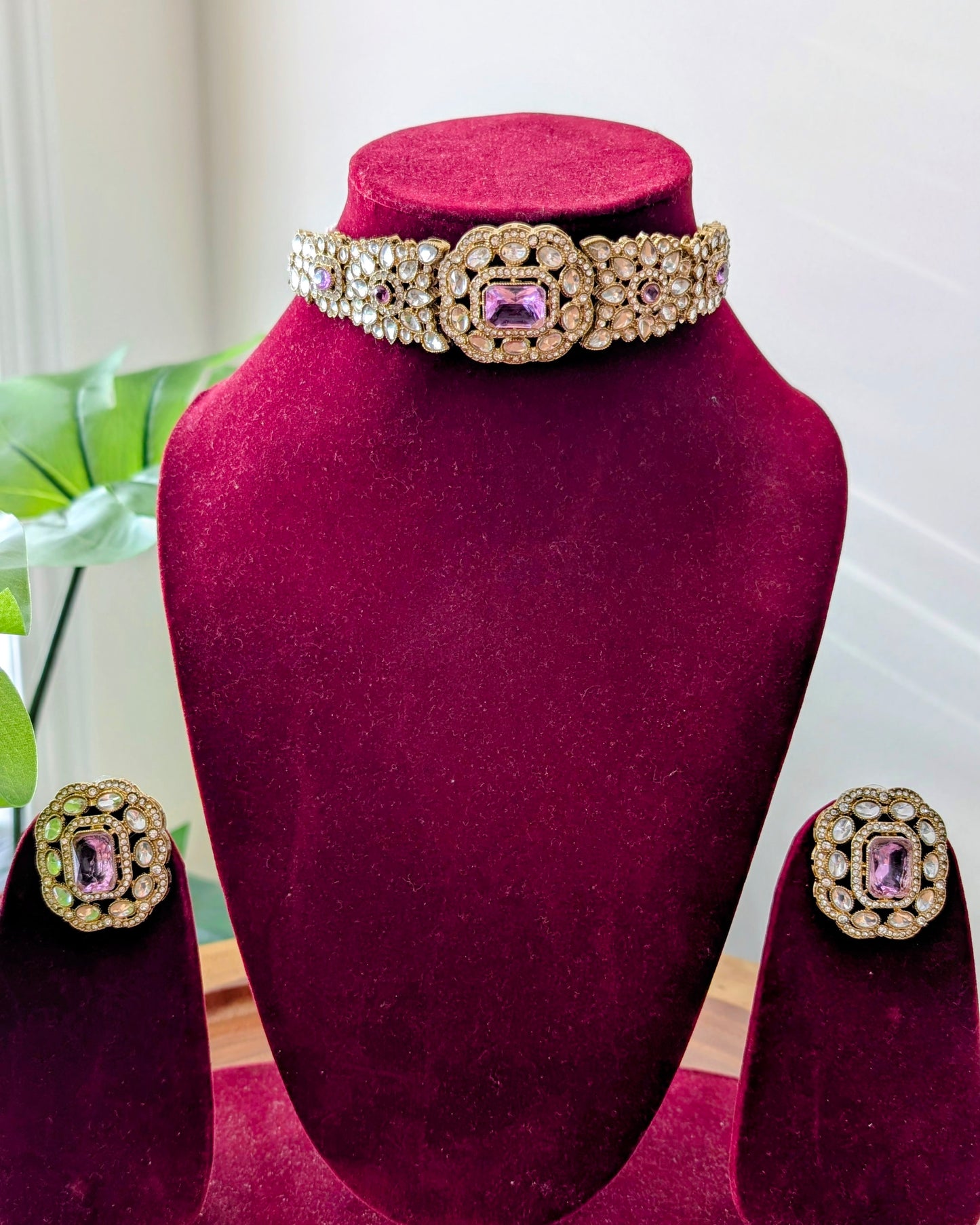 Premium Polki Choker with Earrings - Lilac