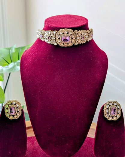Premium Polki Choker with Earrings - Lilac