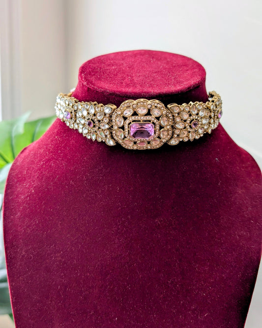 Premium Polki Choker with Earrings - Lilac