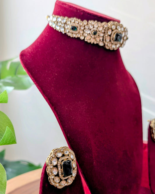 Premium Polki Choker with Earrings - Green