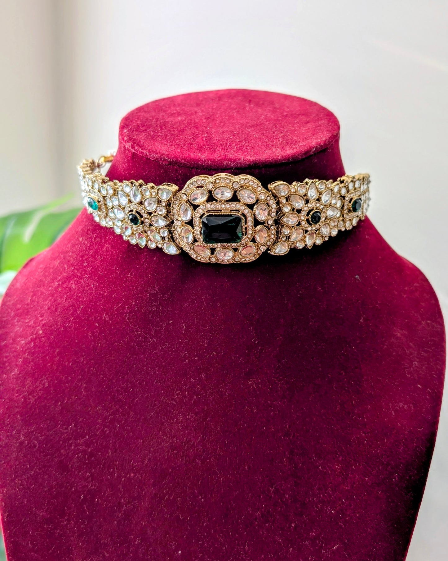 Premium Polki Choker with Earrings - Green