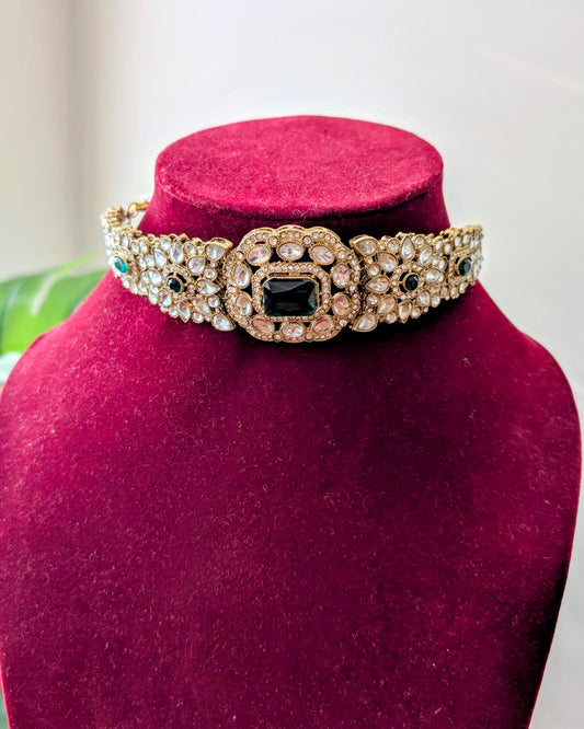 Premium Polki Choker with Earrings - Green