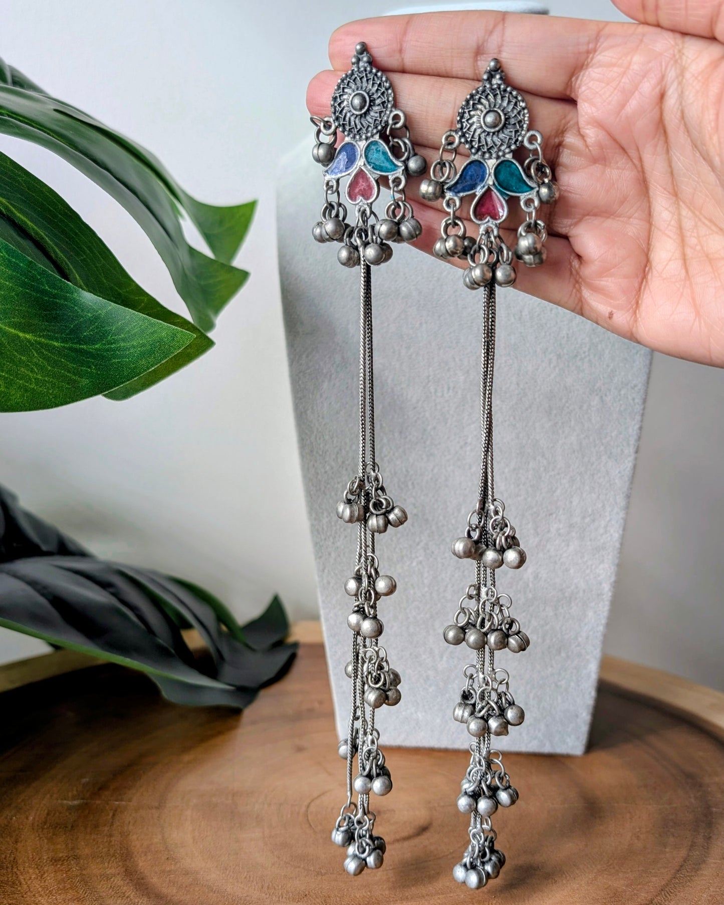 Oxidized Silver Long Kashmiri Jhumka Earrings