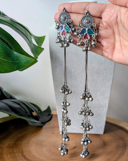 Oxidized Silver Long Kashmiri Jhumka Earrings