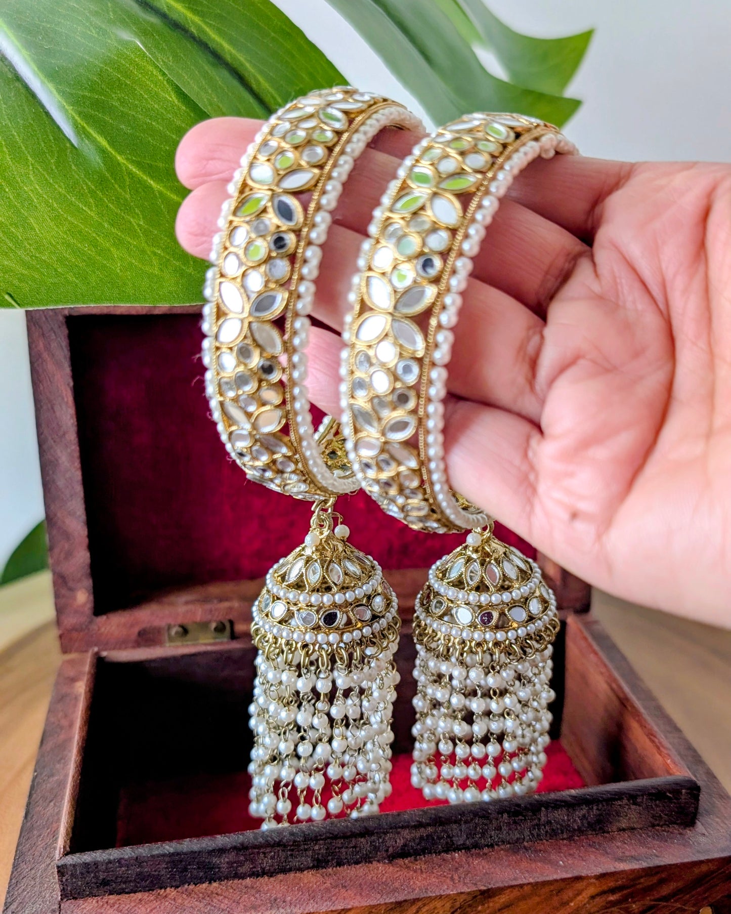 Statement Jhumka Latkan Kundan Mirror Bangles with Pearls