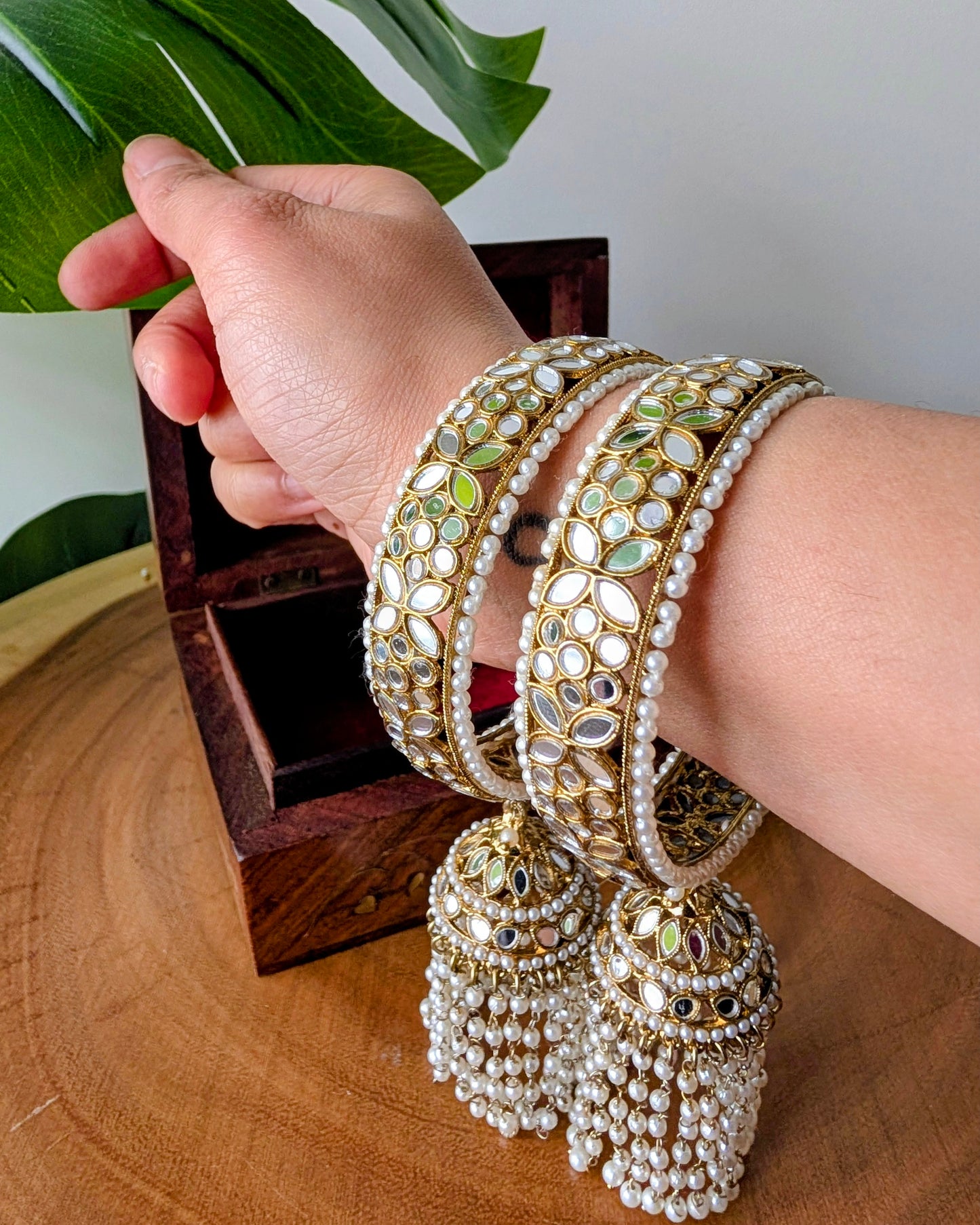 Statement Jhumka Latkan Kundan Mirror Bangles with Pearls