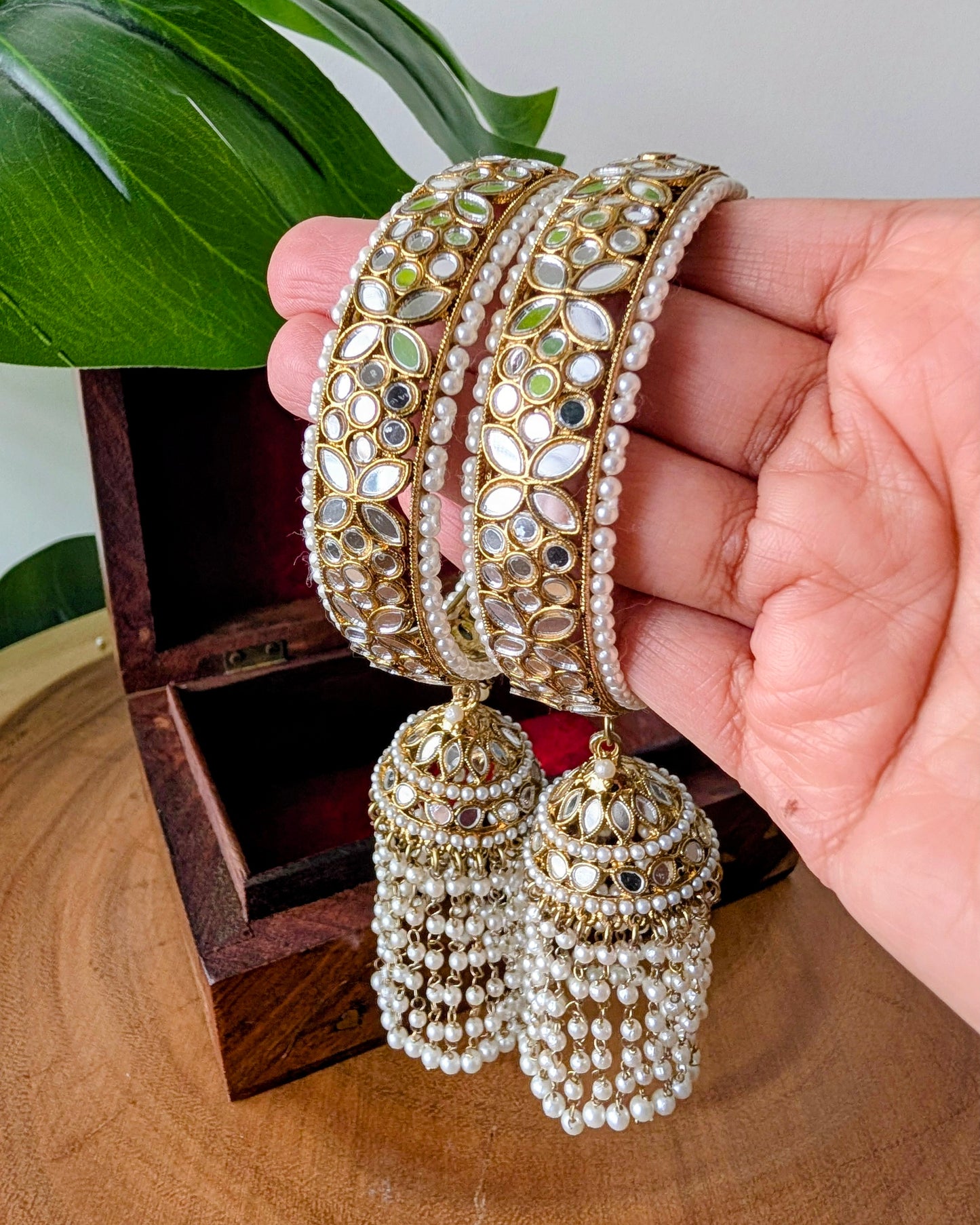 Statement Jhumka Latkan Kundan Mirror Bangles with Pearls