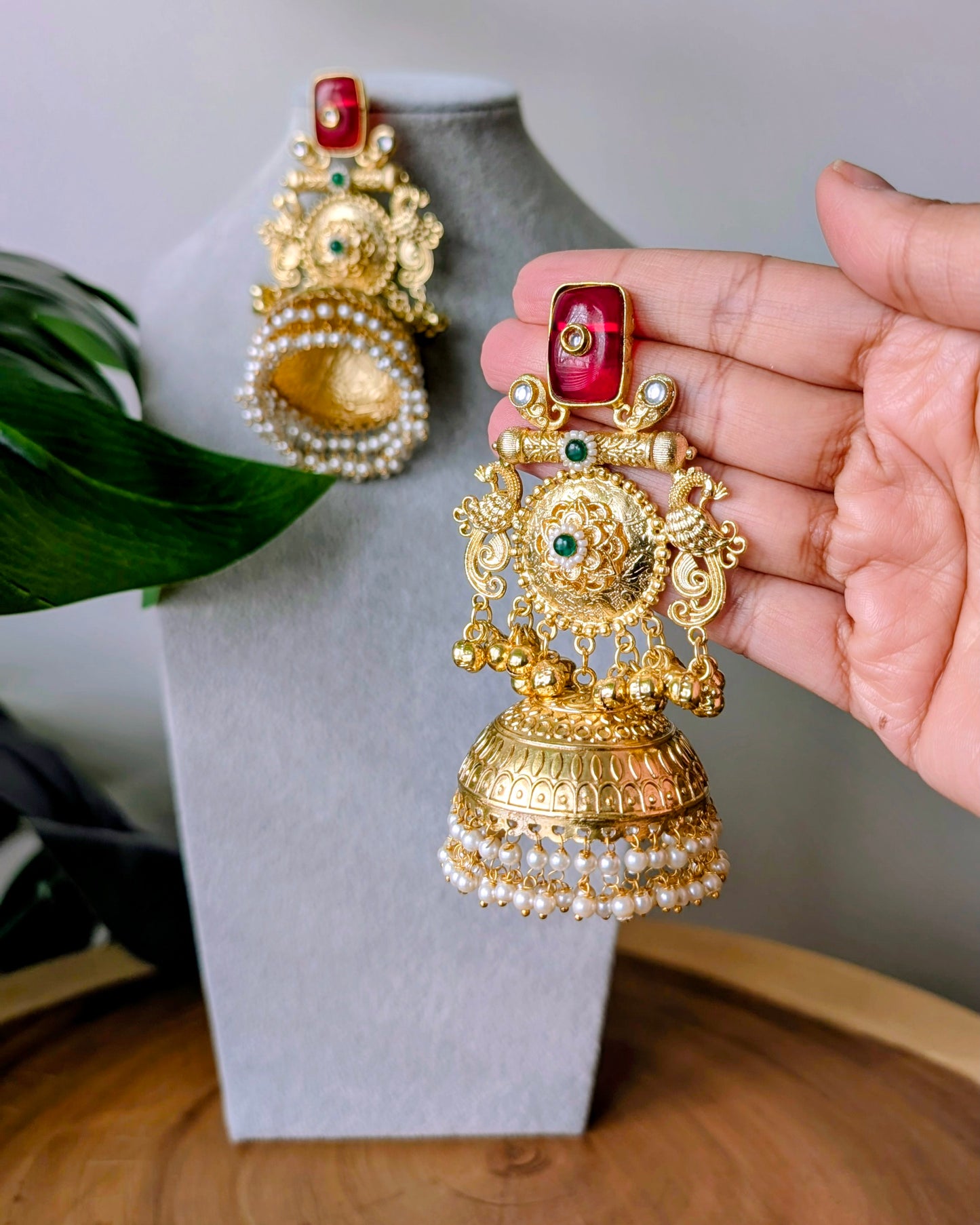 Statement Red Stone Brass Jhumka Earrings