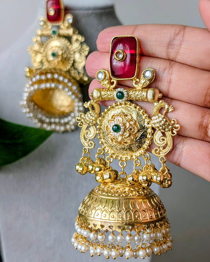 Statement Red Stone Brass Jhumka Earrings