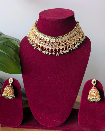 Jadau Kundan Choker Necklace - Red Green