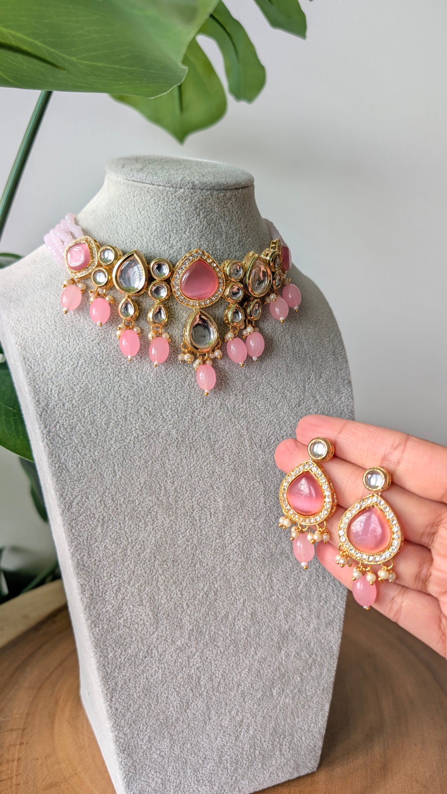 Dherya Premium Kundan Choker Necklace - Soft Pink