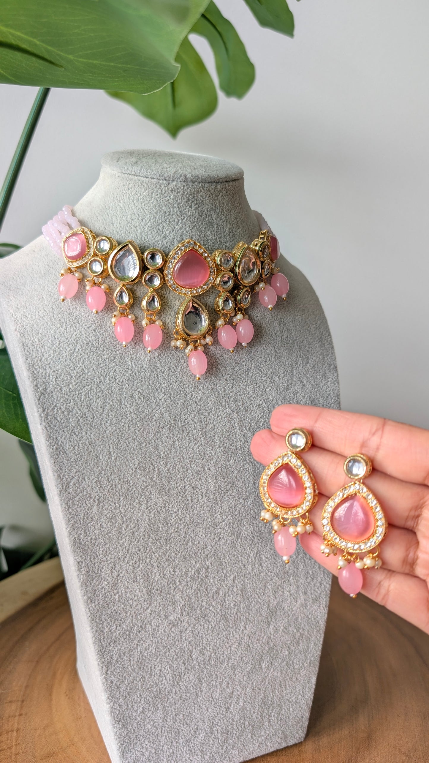 Dherya Premium Kundan Choker Necklace - Soft Pink