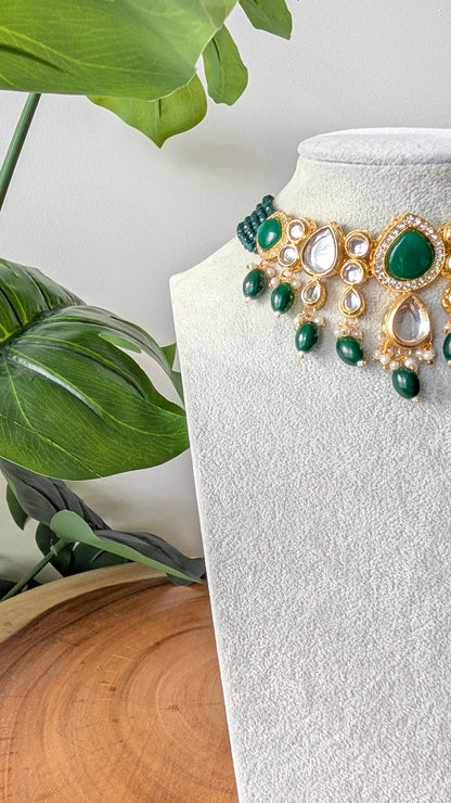 Dherya Premium Kundan Choker Necklace - Dark Green