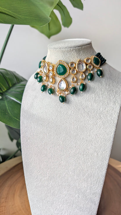 Dherya Premium Kundan Choker Necklace - Dark Green