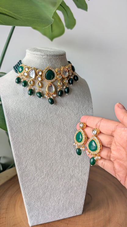 Dherya Premium Kundan Choker Necklace - Dark Green