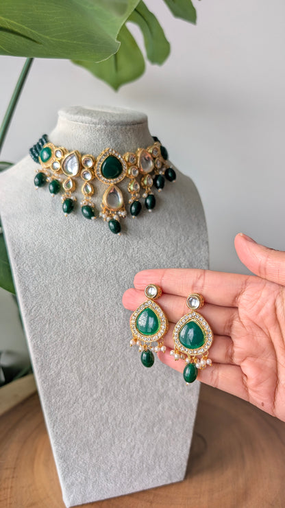 Dherya Premium Kundan Choker Necklace - Dark Green