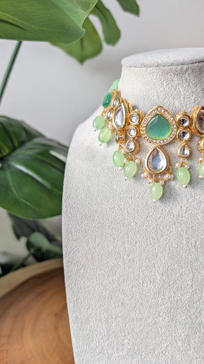Dherya Premium Kundan Choker Necklace - Mint Green