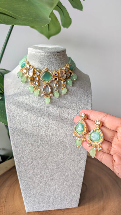 Dherya Premium Kundan Choker Necklace - Mint Green