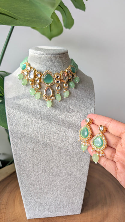 Dherya Premium Kundan Choker Necklace - Mint Green