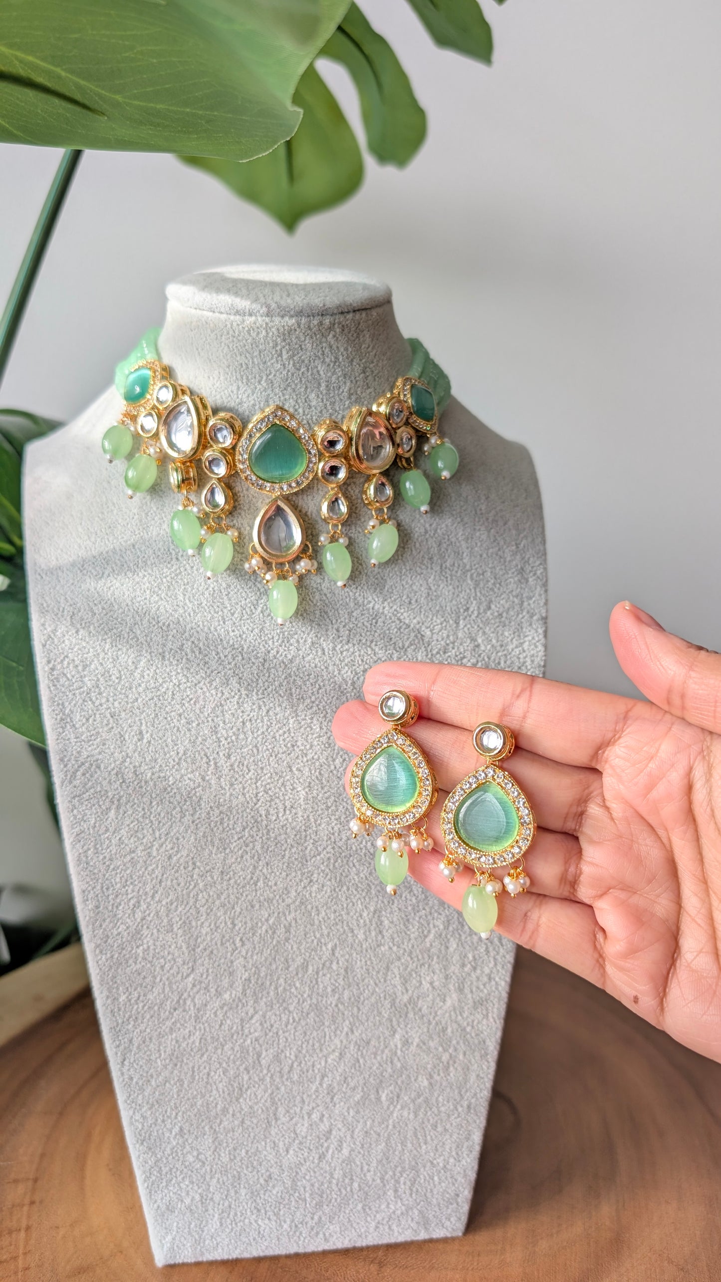 Dherya Premium Kundan Choker Necklace - Mint Green