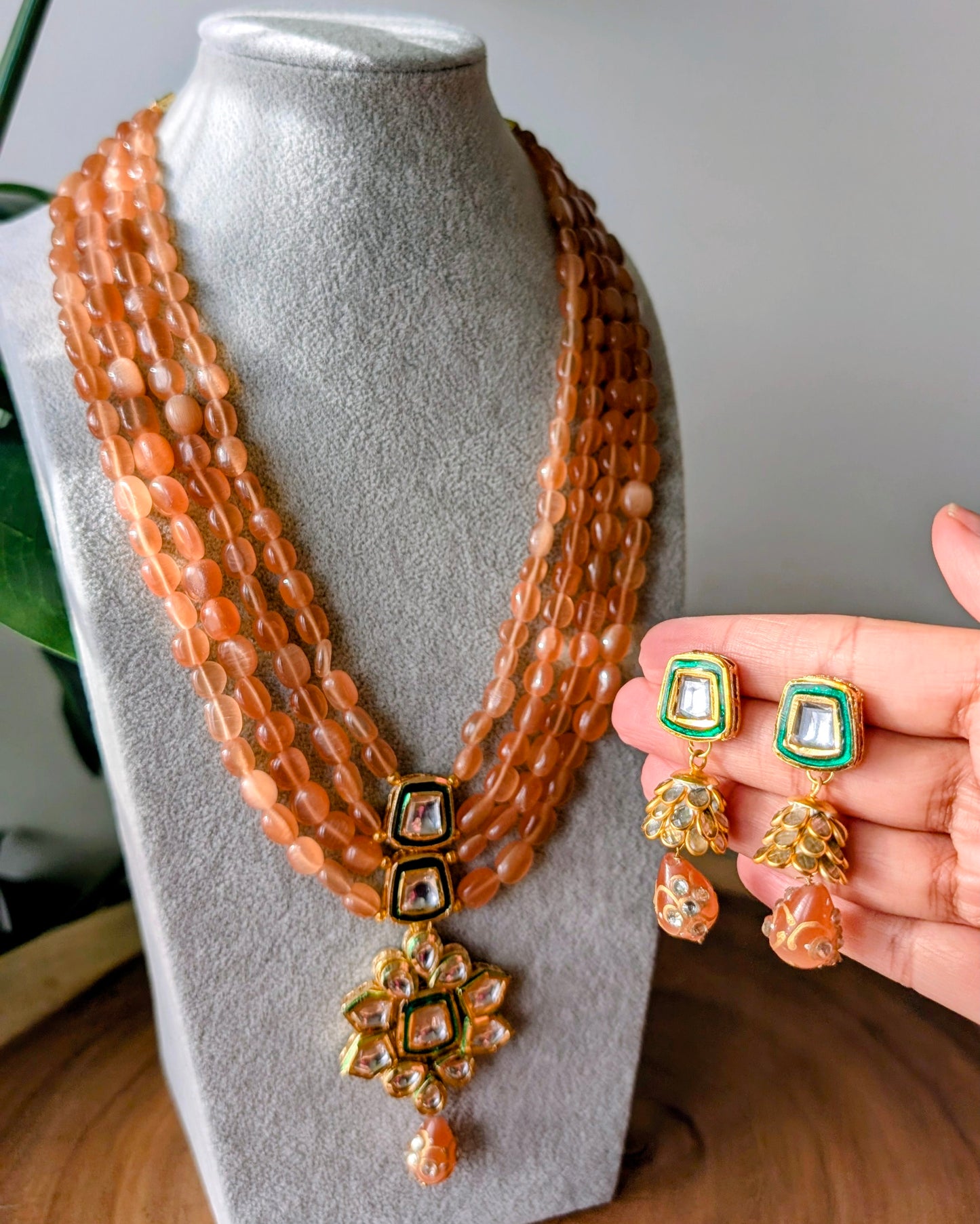 Premium Glass Beads Long Necklace - Soft Orange