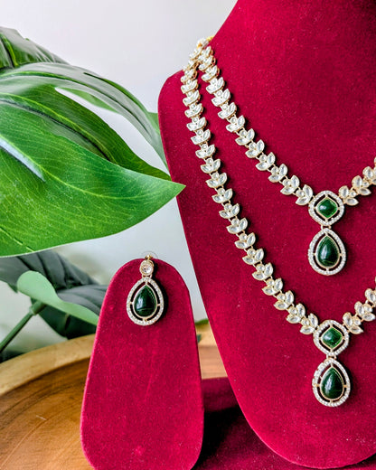 Tanvi Two Layer Long Kundan Necklace - Green
