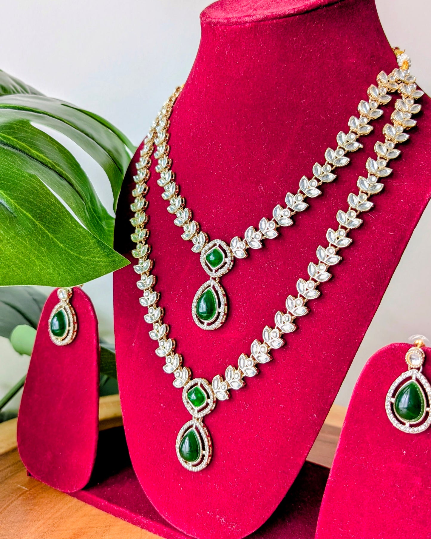 Tanvi Two Layer Long Kundan Necklace - Green