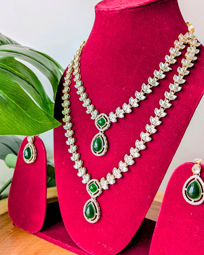 Tanvi Two Layer Long Kundan Necklace - Green