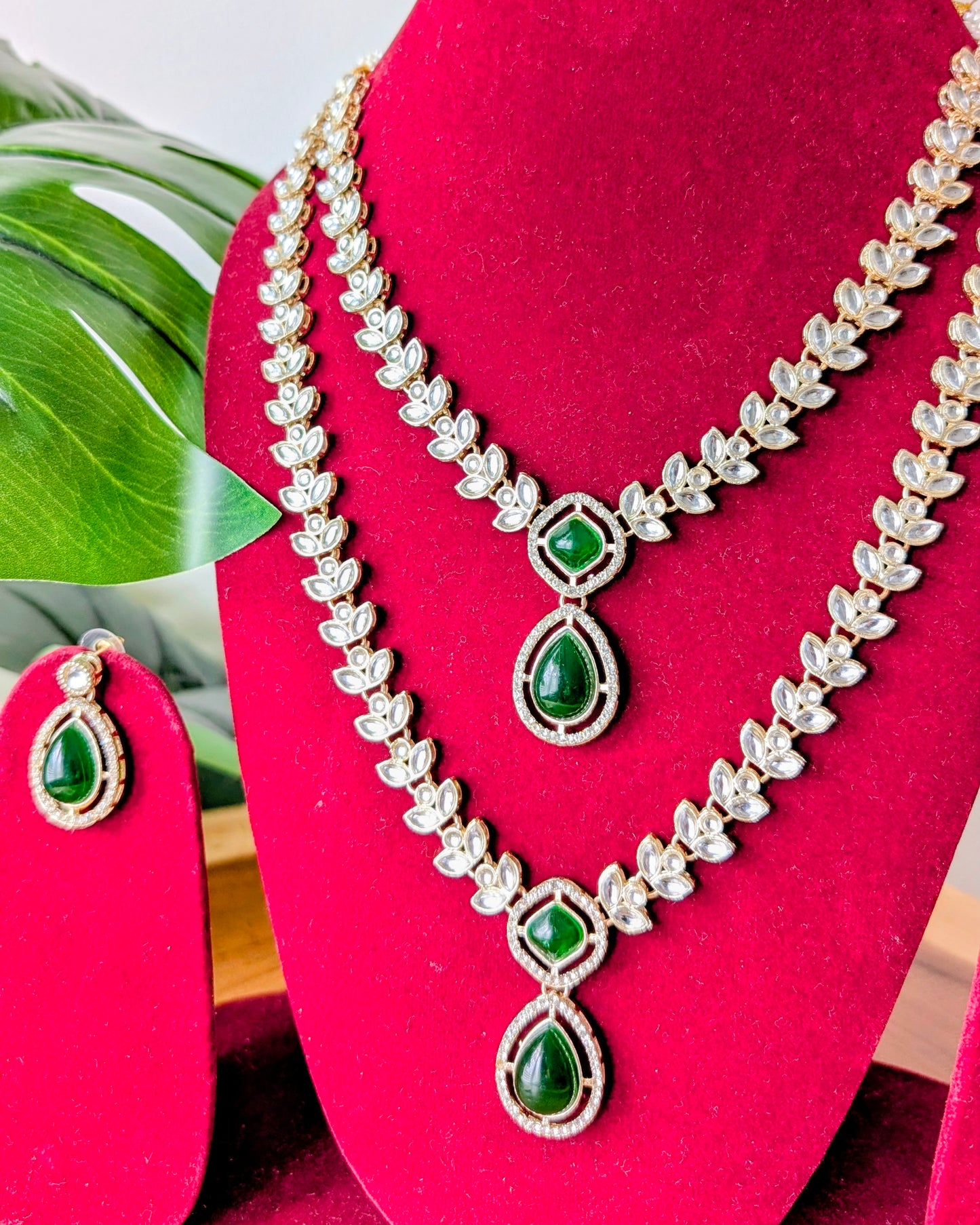 Tanvi Two Layer Long Kundan Necklace - Green