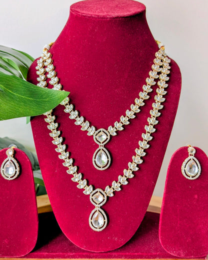 Tanvi Two Layer Long Kundan Necklace - Pearl