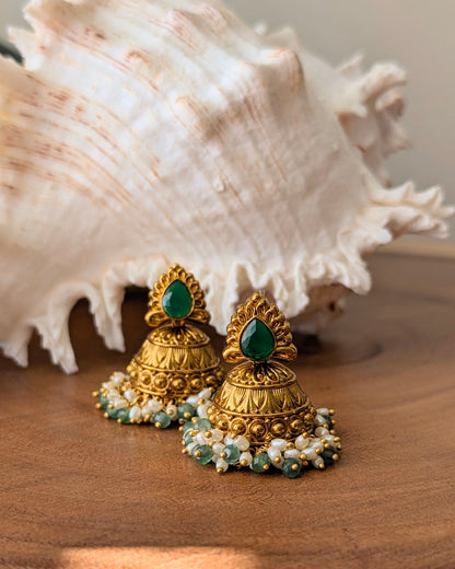 Premium Gold Plated Green Stone Jhumka