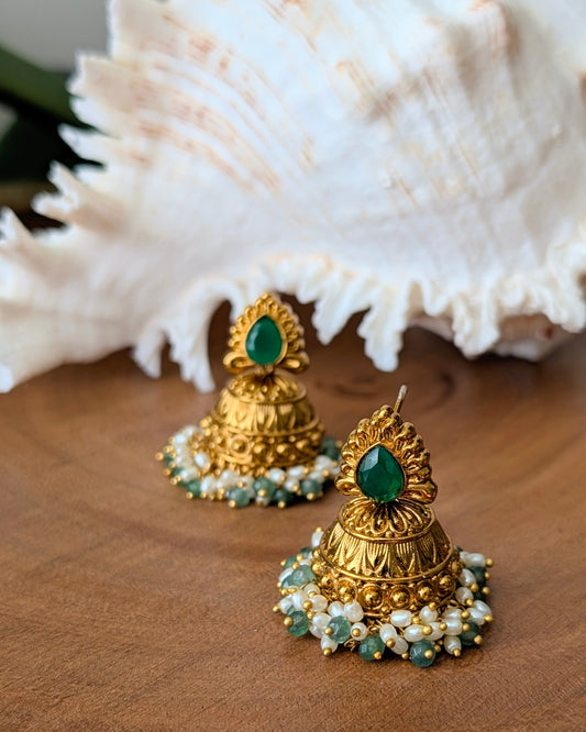 Premium Gold Plated Green Stone Jhumka