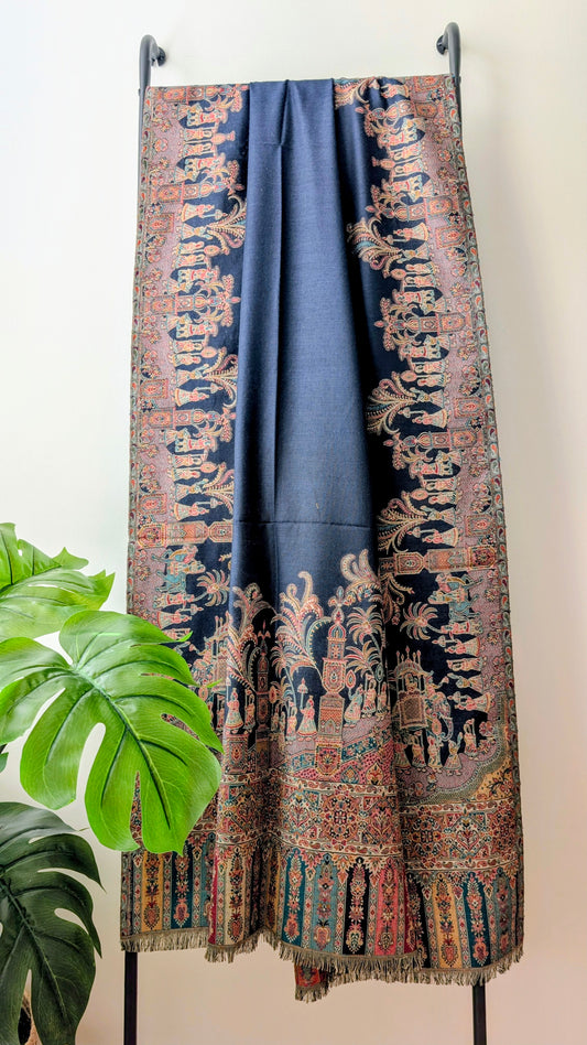 Unisex Woolen Kashmiri Darbar Shawl - Blue
