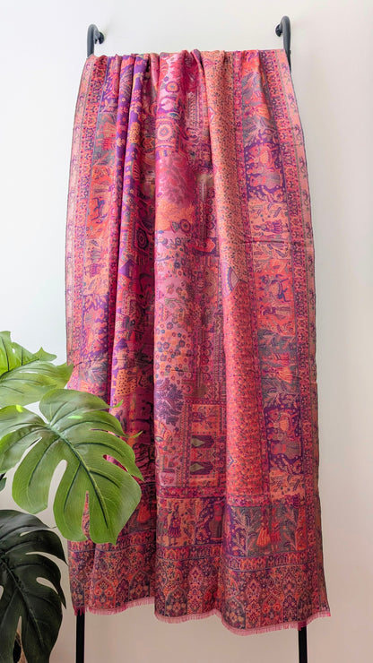 Unisex Semi Pashmina Woolen Darbar Kani Zari Shawl - Pink