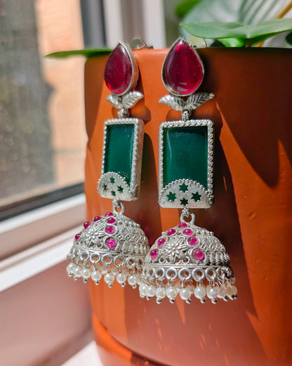 Ella Oxidized Silver Jhumka - Red & Green