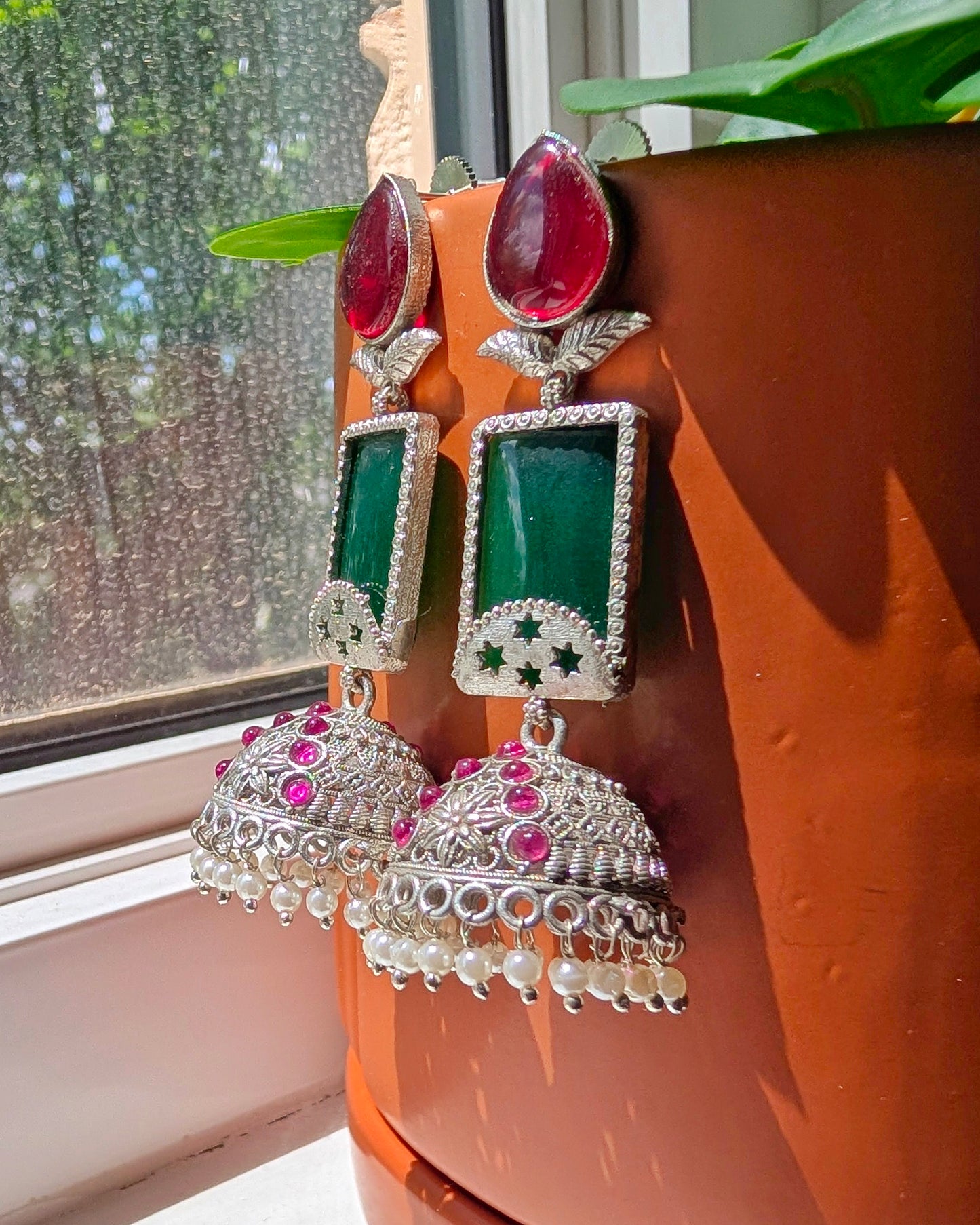 Ella Oxidized Silver Jhumka - Red & Green