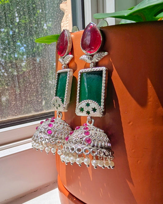 Ella Oxidized Silver Jhumka - Red & Green