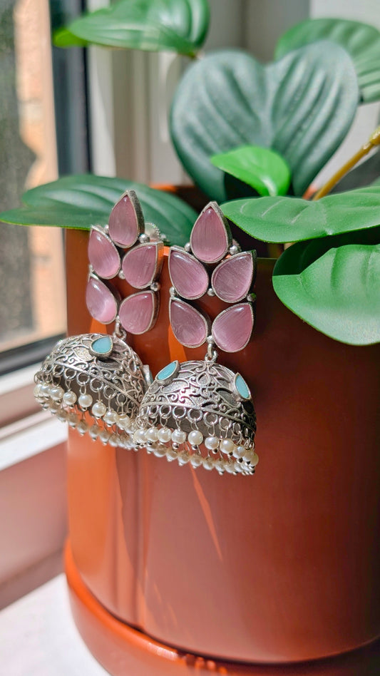 Saanvi Oxidized Silver Jhumka - Mint & Pink
