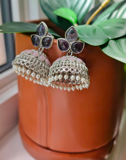 Malti Oxidized Silver Jhumka - Pink & Purple