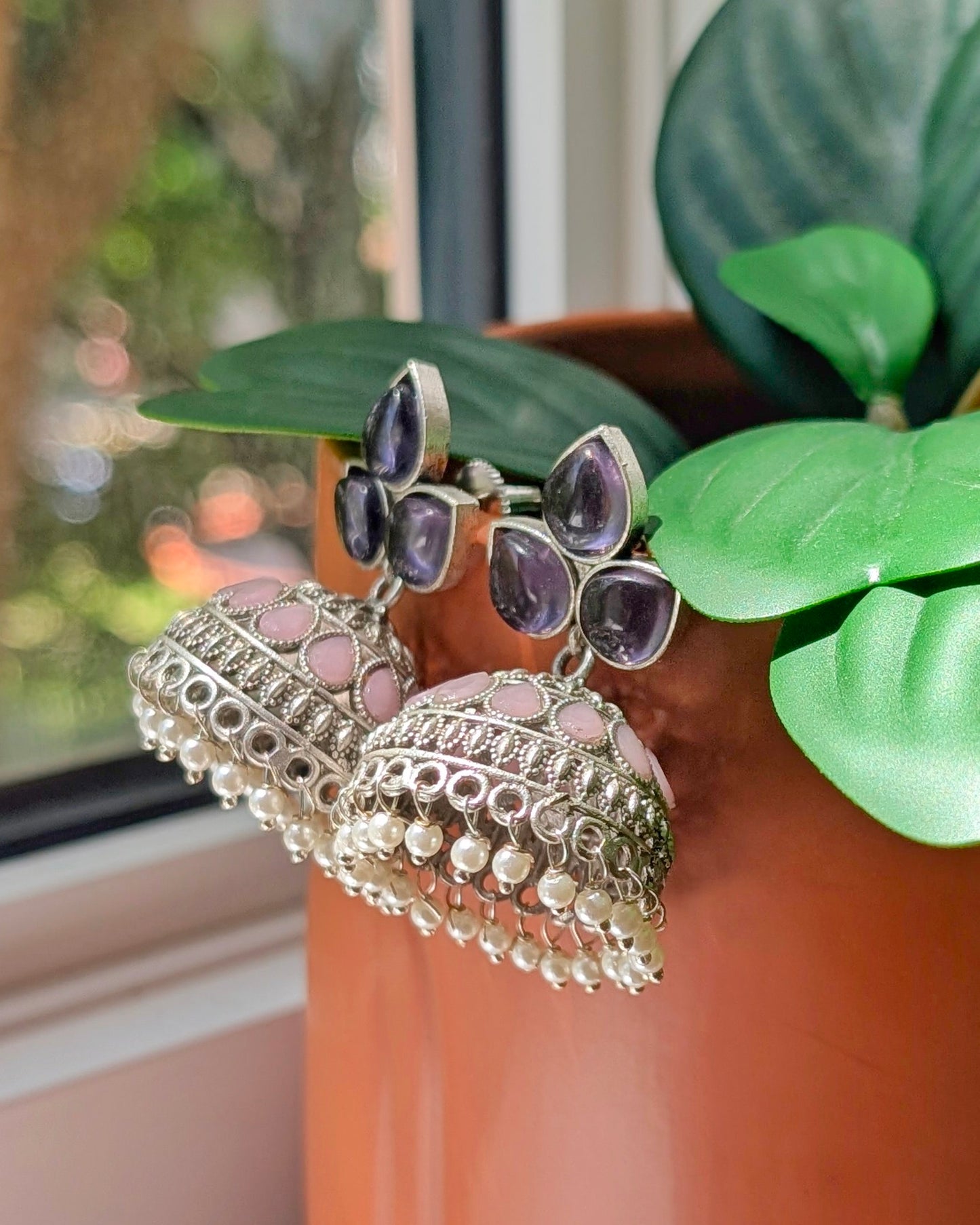 Malti Oxidized Silver Jhumka - Pink & Purple