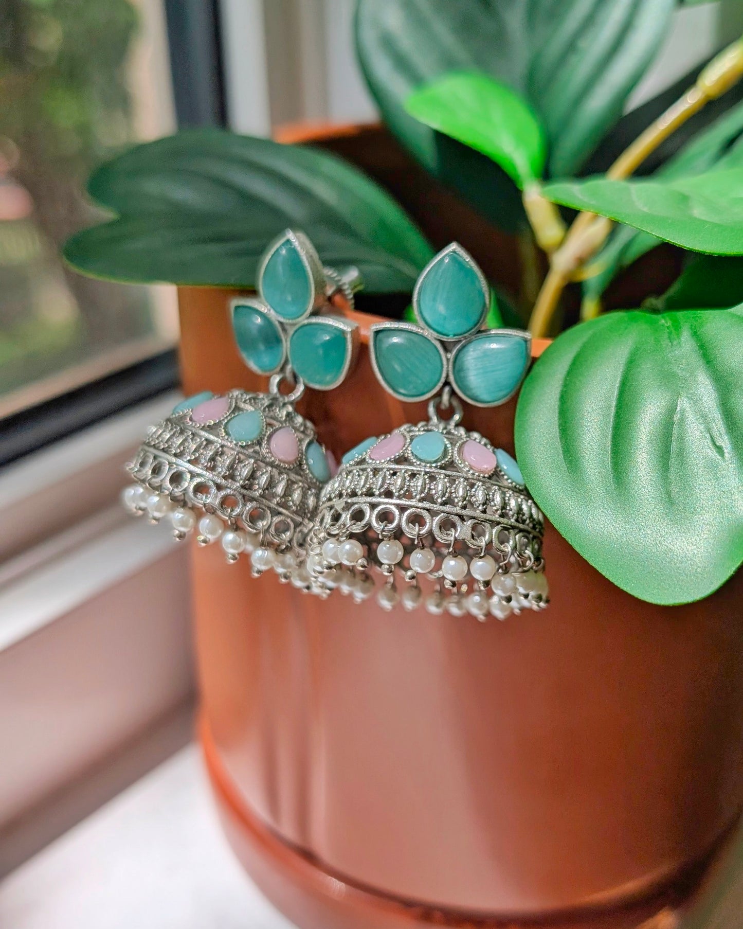 Malti Oxidized Silver Jhumka - Mint & Pink