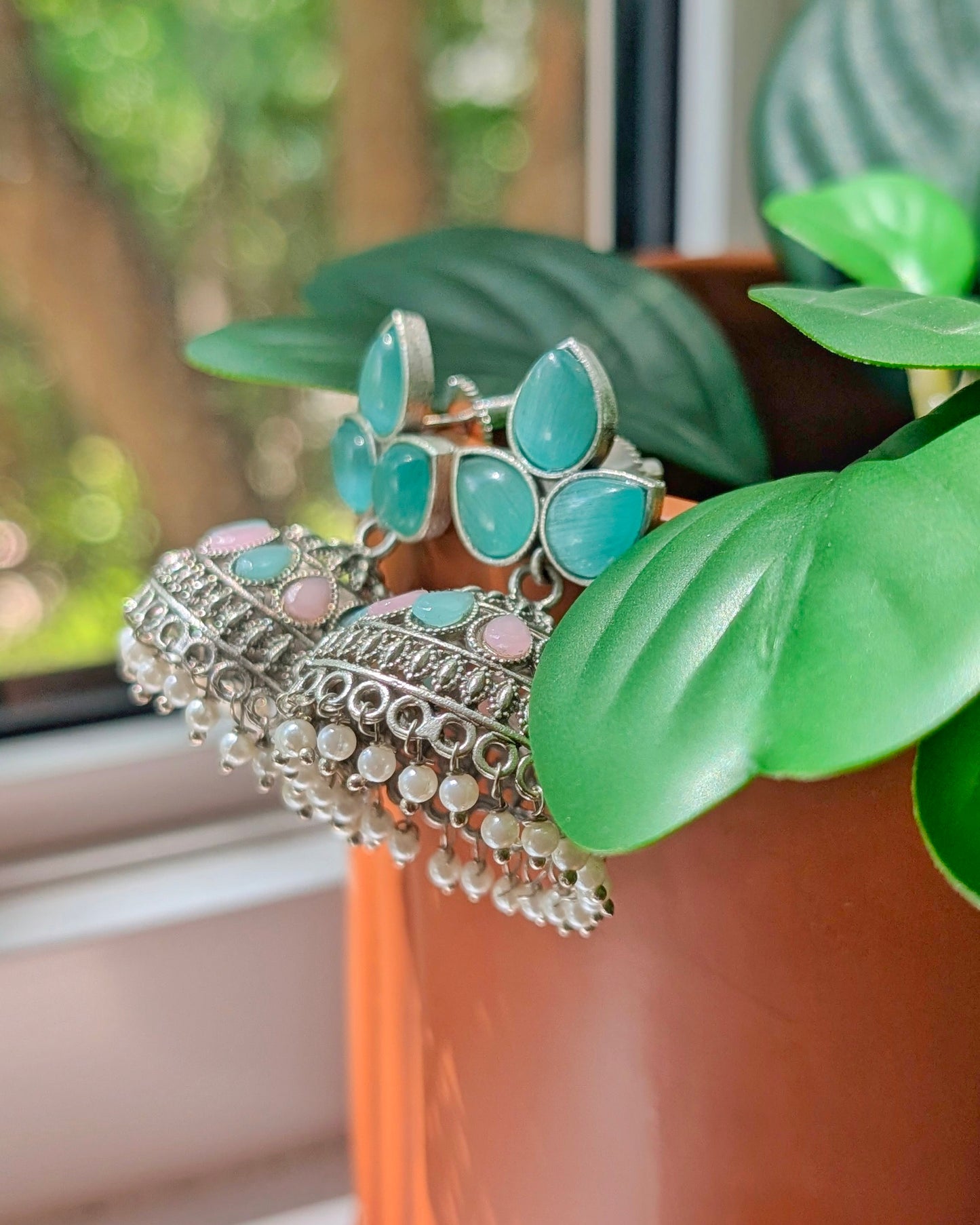 Malti Oxidized Silver Jhumka - Mint & Pink