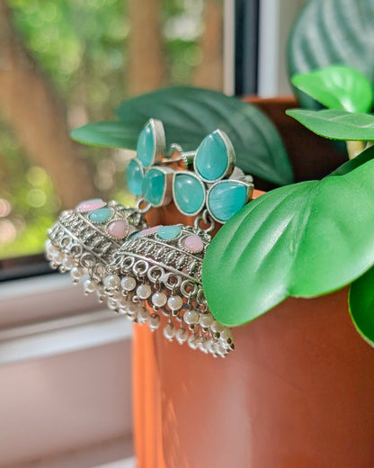 Malti Oxidized Silver Jhumka - Mint & Pink