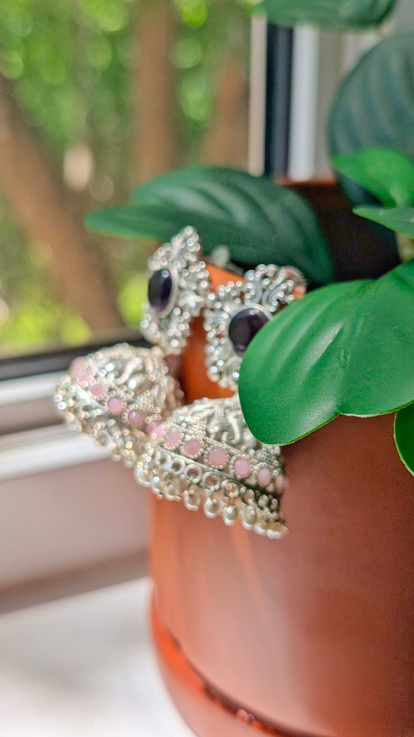 Saba Oxidized Silver Jhumka - Pink & Purple