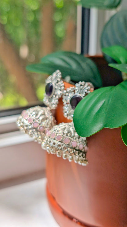 Saba Oxidized Silver Jhumka - Pink & Purple