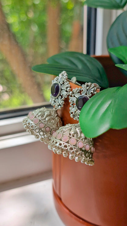 Saba Oxidized Silver Jhumka - Pink & Purple