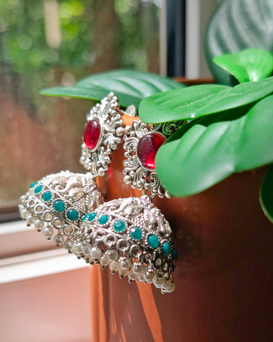 Saba Oxidized Silver Jhumka - Red & Green