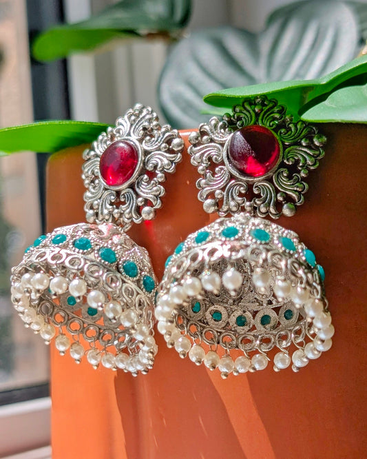 Saba Oxidized Silver Jhumka - Red & Green