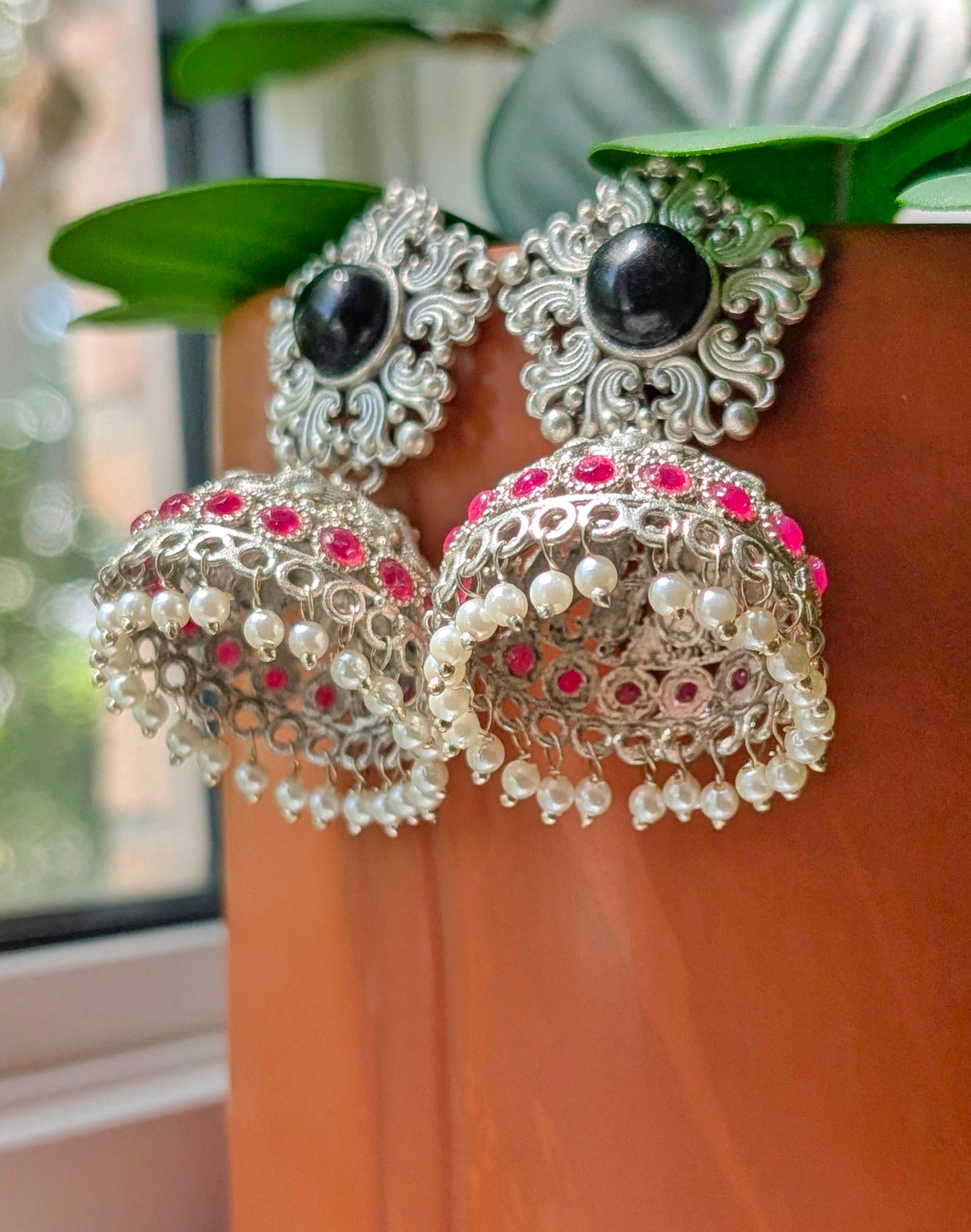 Saba Oxidized Silver Jhumka - Black & Red