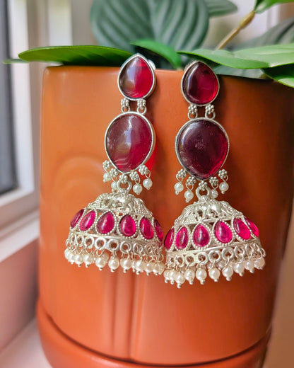 Priyanka Oxidized Silver Jhumka - Red